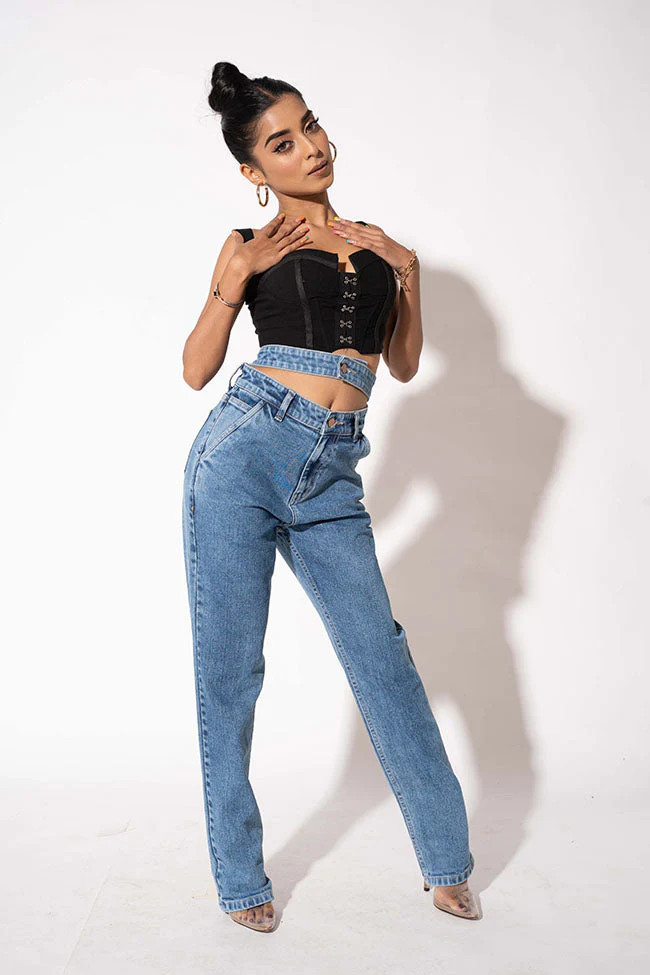 Blue Double Belt Straight High Waist Jeans - Image 3