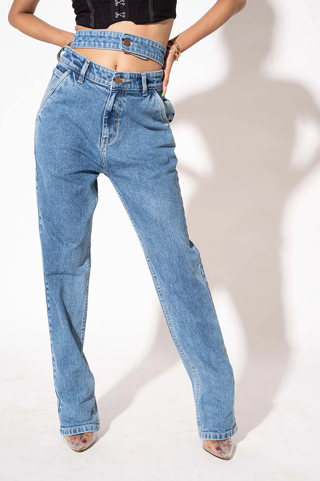 Blue Double Belt Straight High Waist Jeans - Image 5