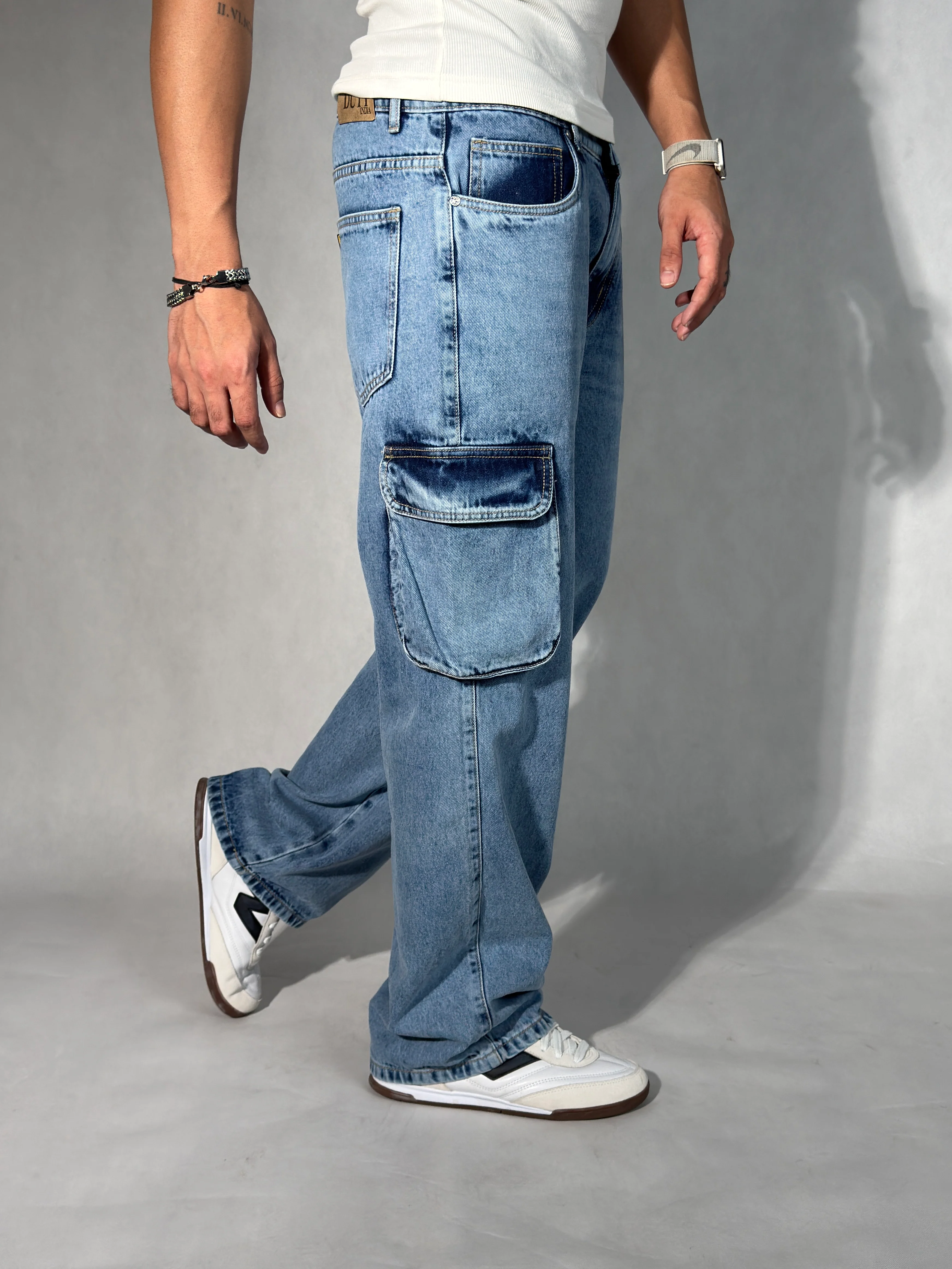 Blue Stone Wash Baggy Fit Cargo Men Jeans - Image 5