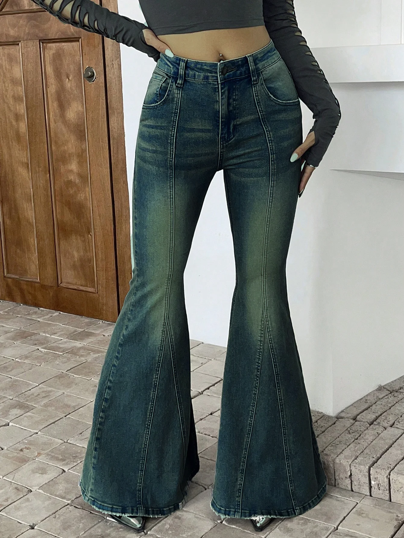 Bohemian Feels Raw Hem Stretch Flare Jeans - Image 7