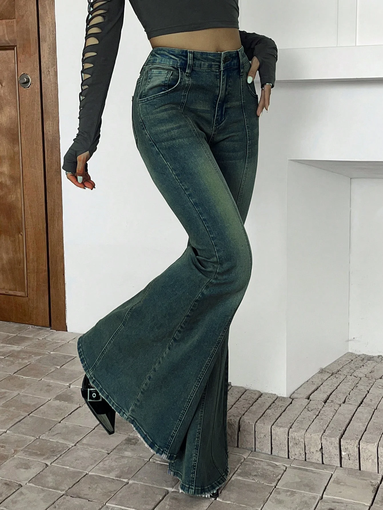 Bohemian Feels Raw Hem Stretch Flare Jeans - Image 9