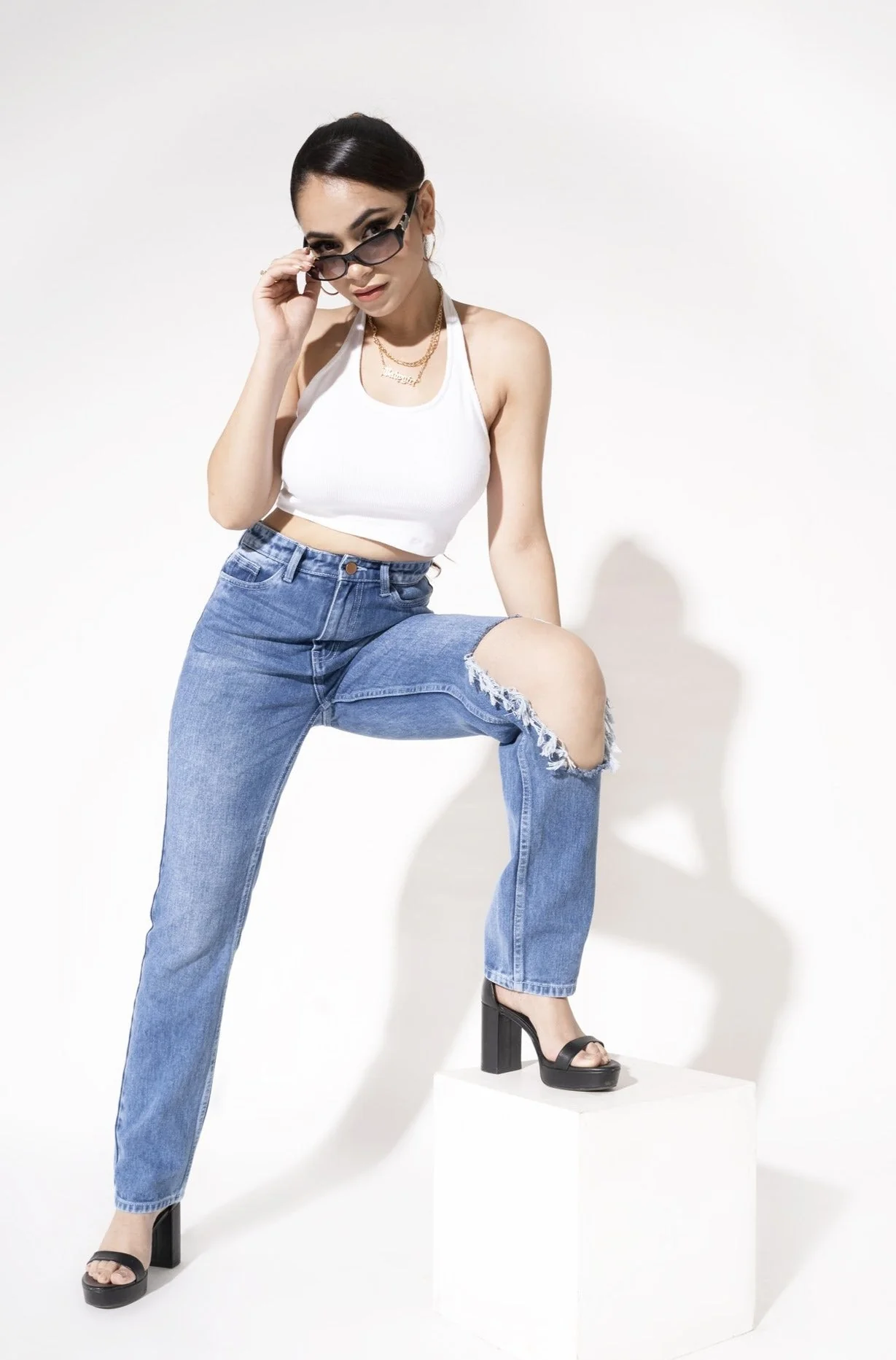 Cool Blue Open Knee Straight Leg Jeans - Image 5