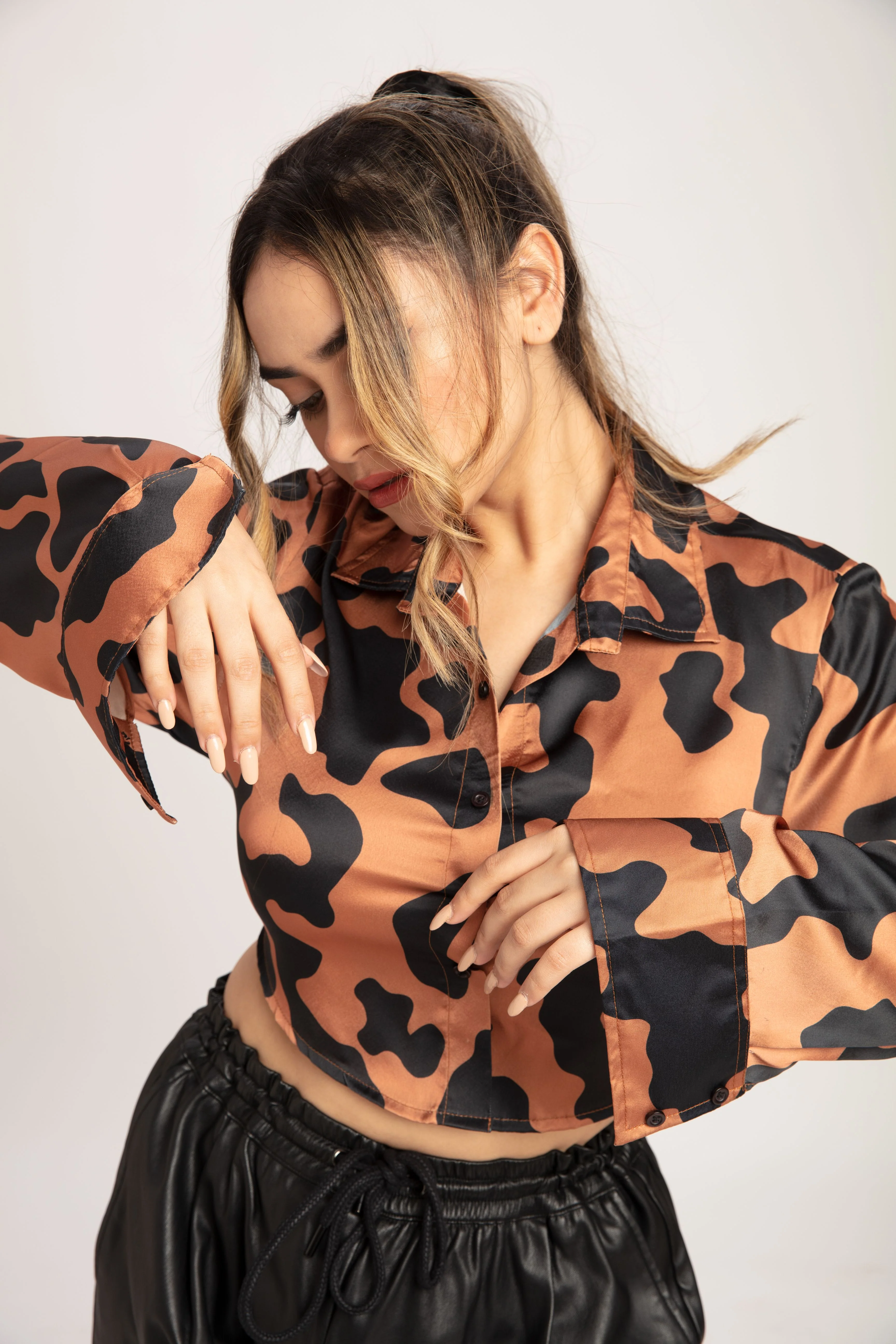 Cow Print Open Black Satin Shirt - Image 3