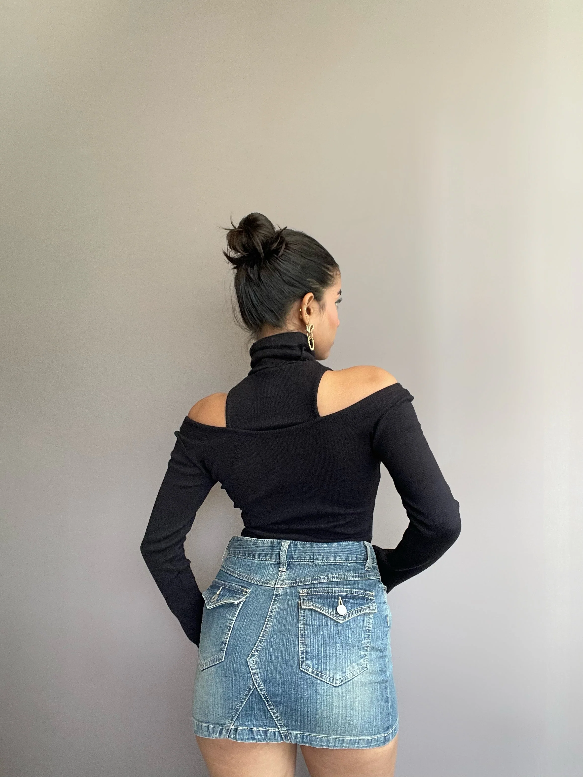 Cut Detail Polo Neck Rib Black Top - Image 2