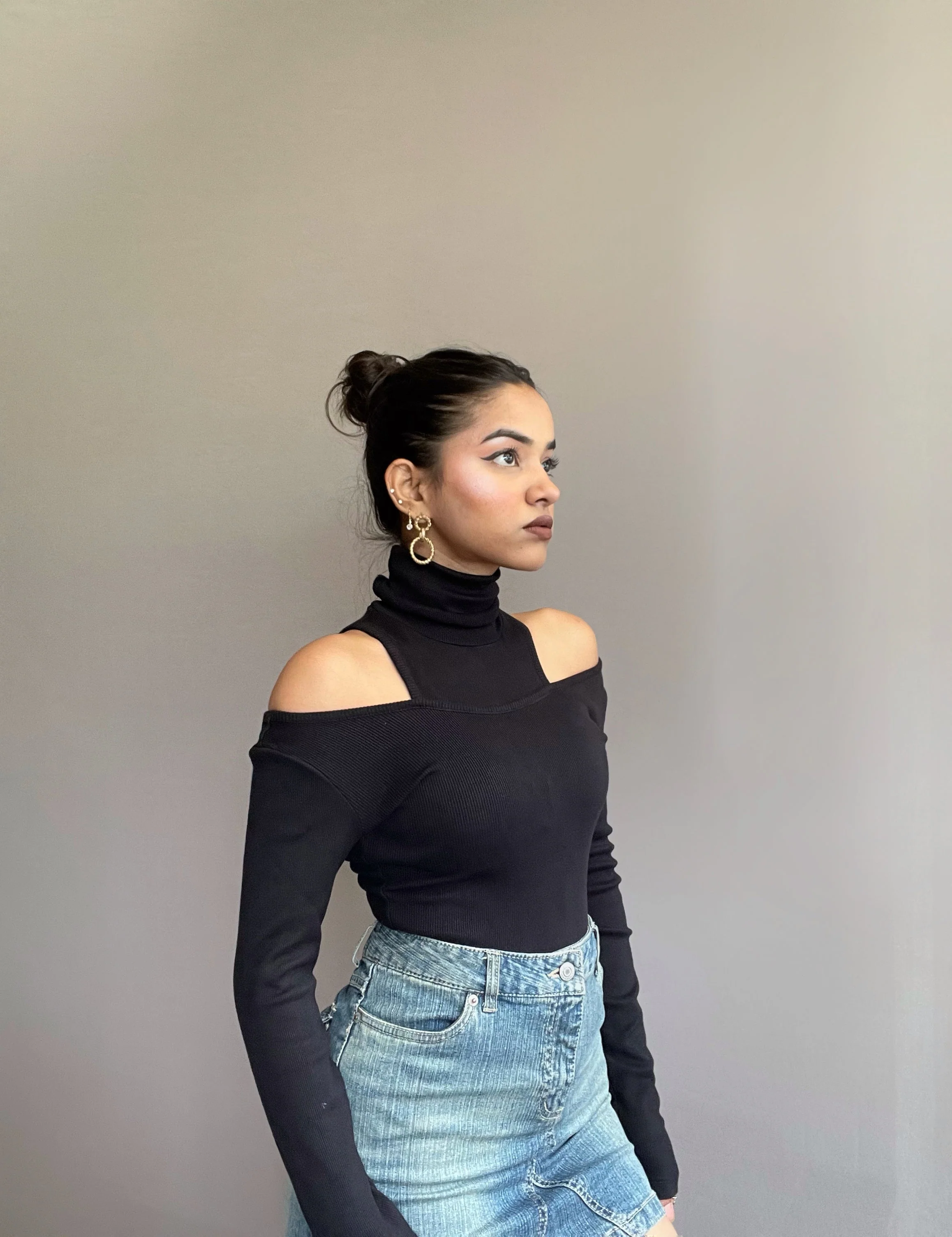 Cut Detail Polo Neck Rib Black Top - Image 3