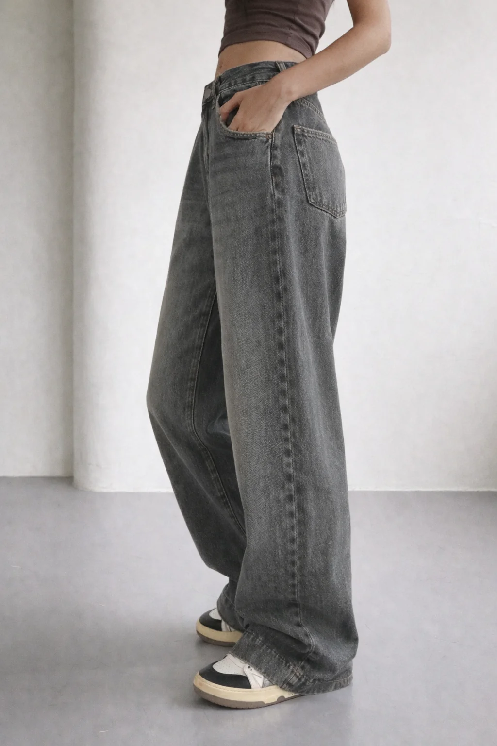 Grey Vintage Washed Wide Leg Baggy Jeans - Image 3