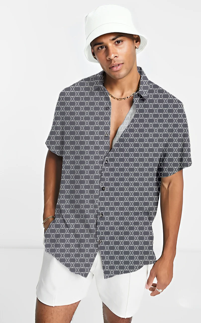 Greyish Blue geometric Print Short Sleeve Shirt - Image 3