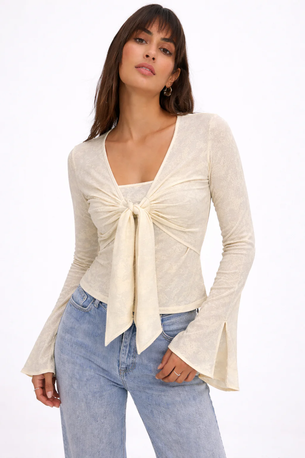 Iris Mesh Bell Sleeve Tie Top - Image 5
