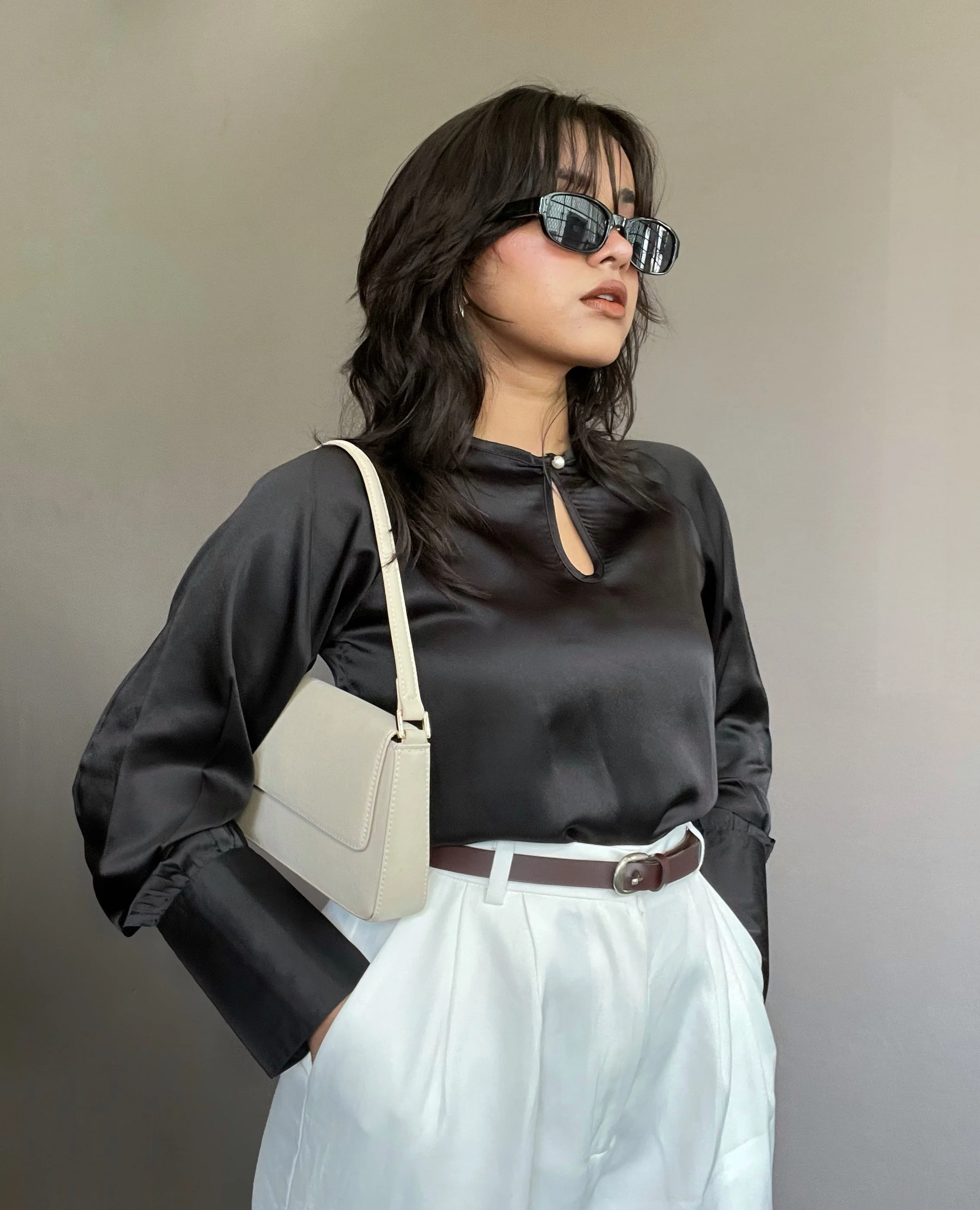 Loose Satin Blouse With Wide Puff Sleeve - Image 2