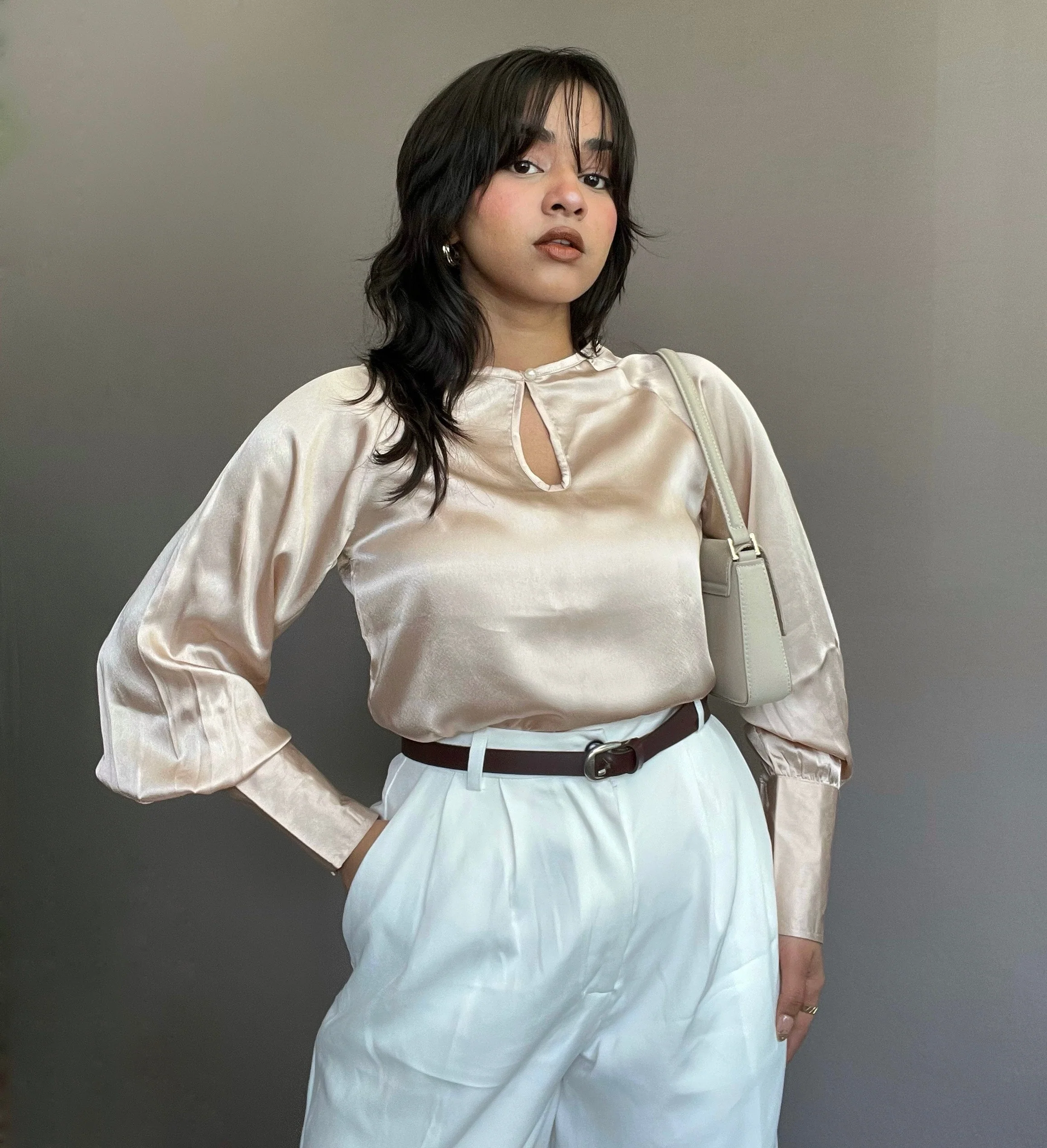 Loose Satin Blouse With Wide Puff Sleeve - Image 5