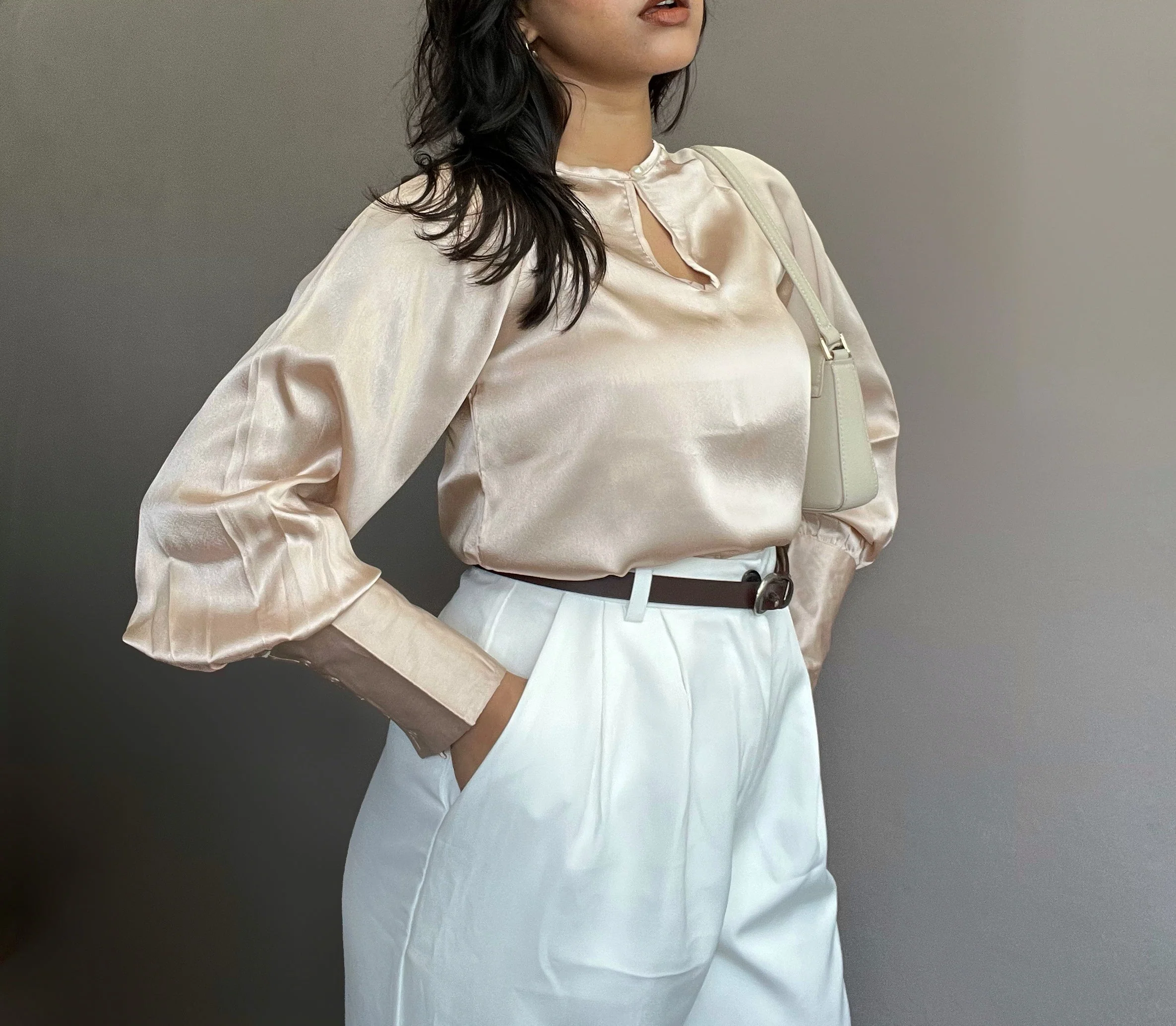 Loose Satin Blouse With Wide Puff Sleeve - Image 6