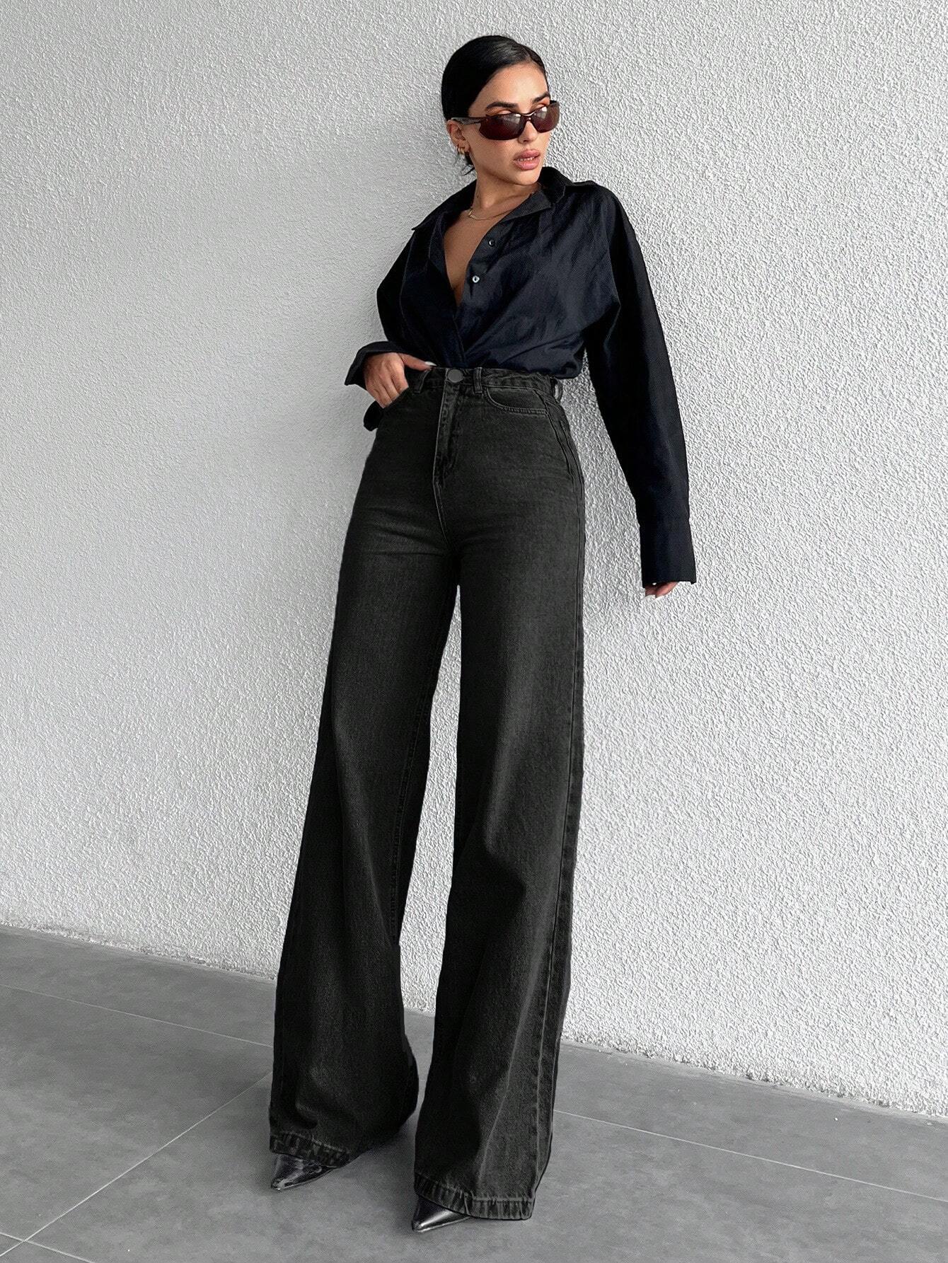 Onyx Black Stone Wash Wide Leg High Rise Jeans - Image 9