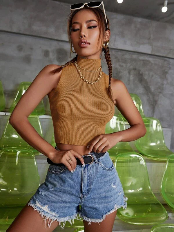 Polo high neck Rib Sleeveless top - Image 4