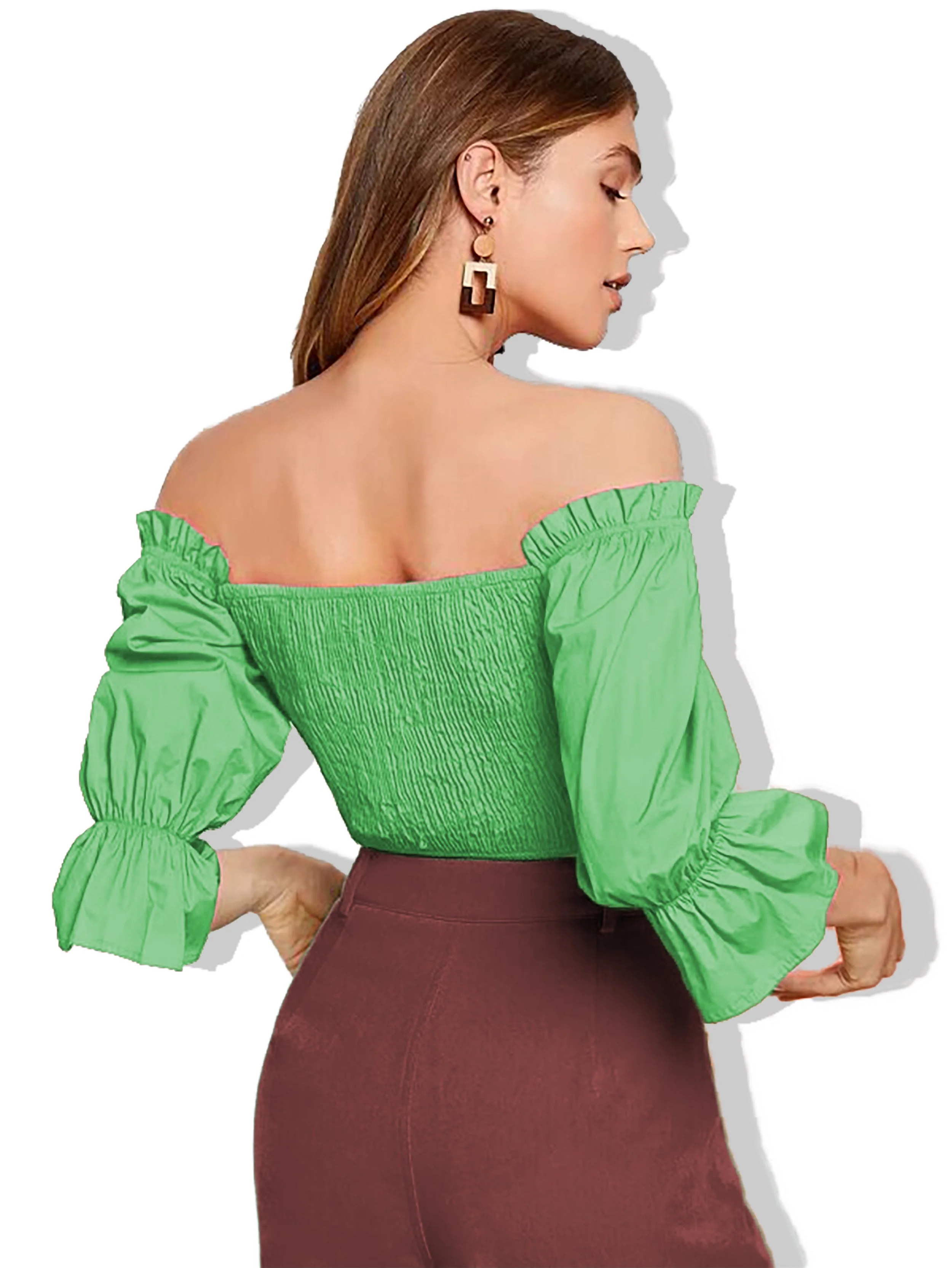 Shirred Flounce Sleeve Bardot Top - Image 2