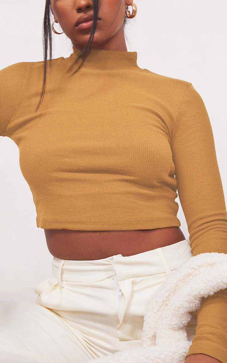 Tan Brown Mock Neck Full Sleeves Top - Image 3