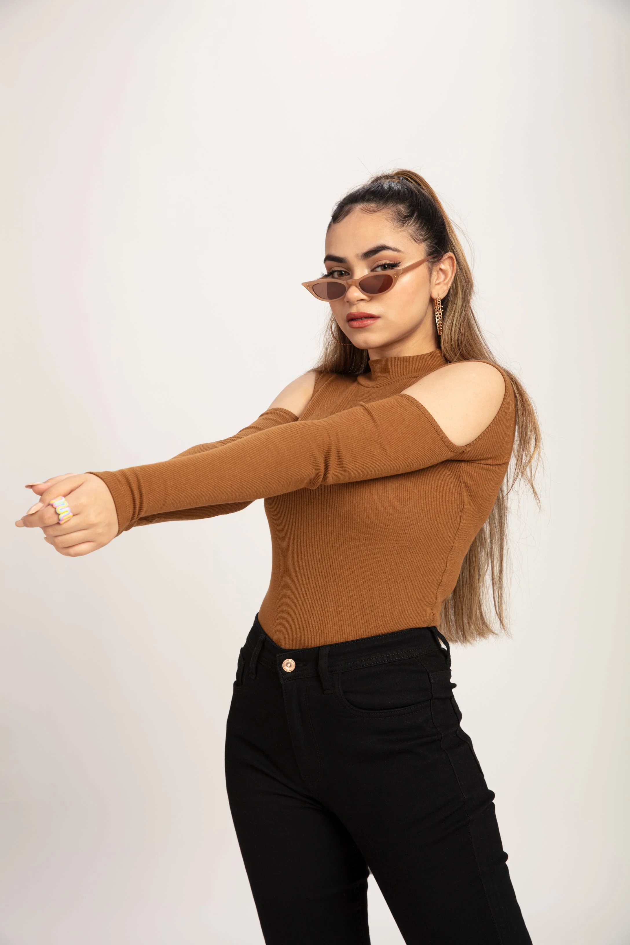 Teddy Brown Cold Shoulder Mock Neck Top - Image 2