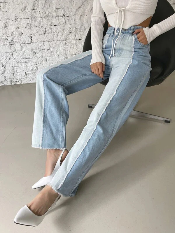 Two Tone Wash Wide Leg High Waist Jeans - Image 3