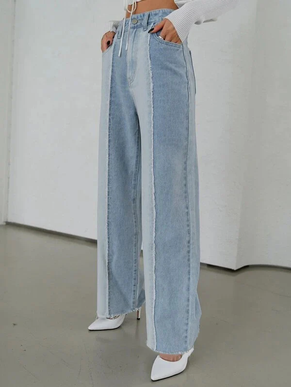 Two Tone Wash Wide Leg High Waist Jeans - Image 4