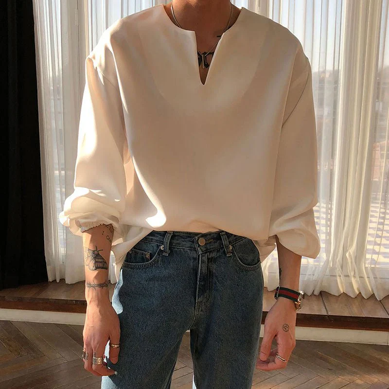V Neck Cuff Details Long Sleeve Korean Shirt - Image 6