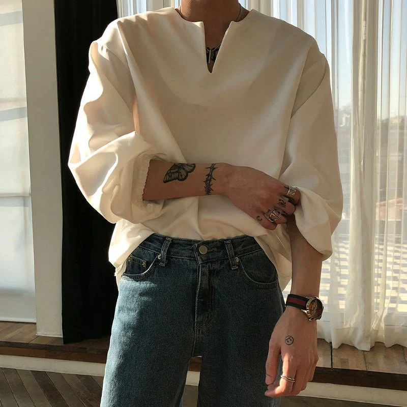 V Neck Cuff Details Long Sleeve Korean Shirt - Image 7