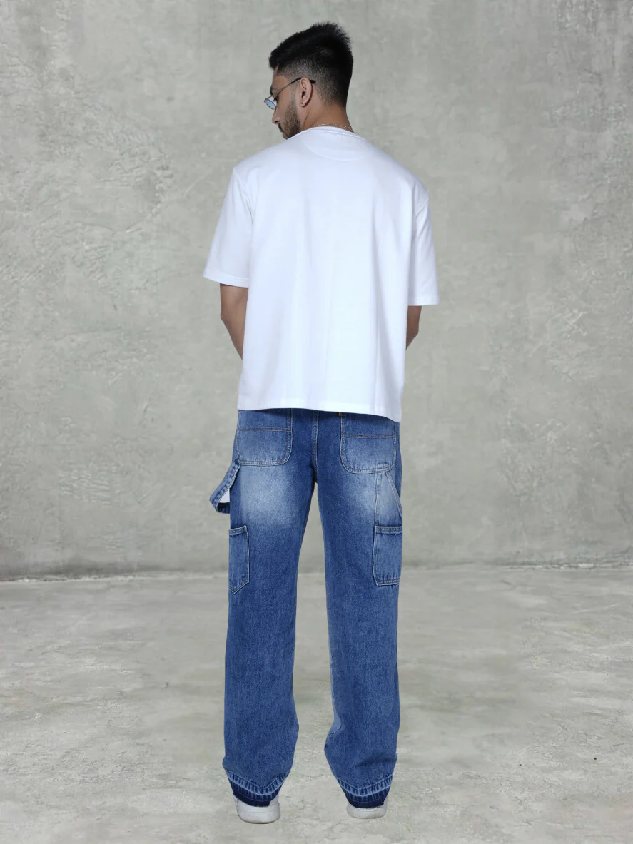 Watch Out Blue Stitched Loose Straight Fit Leg Denim - Image 4