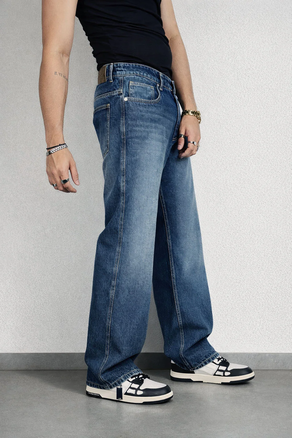 Worn Blue Whisker Wash Loose Straight Fit Jeans - Image 5