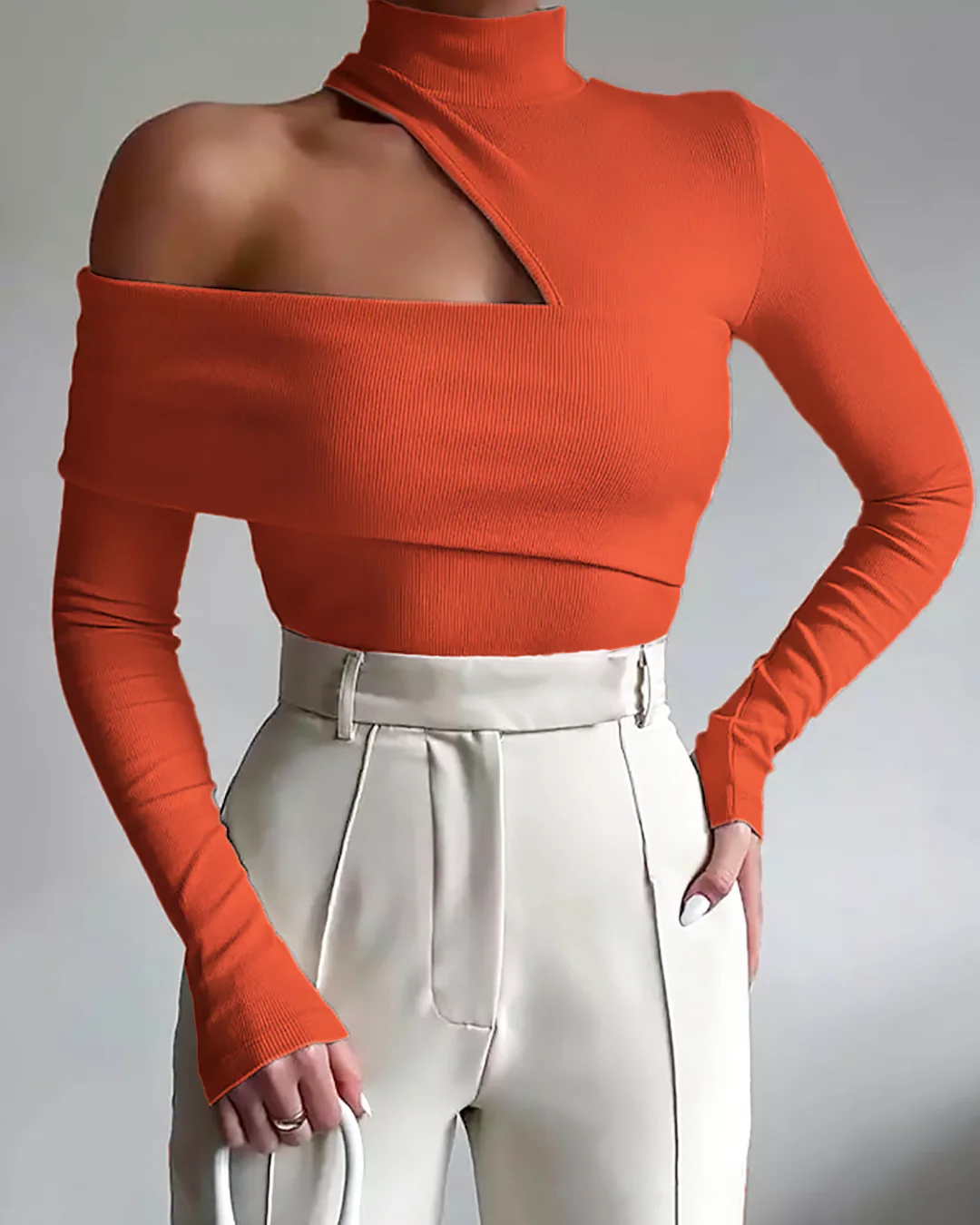 Wrapped Shoulder High Neck Rib Top - Image 6