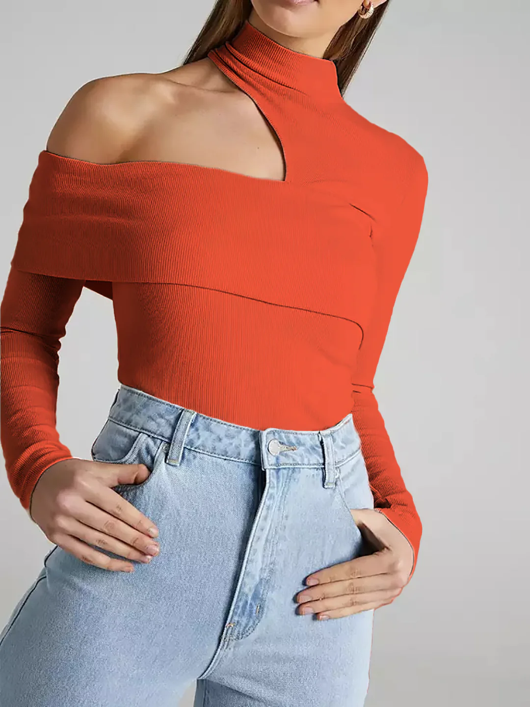 Wrapped Shoulder High Neck Rib Top - Image 7